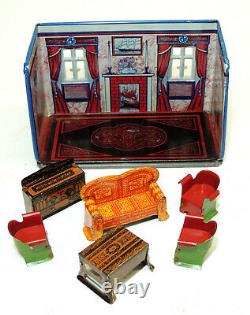 1930s vtg Marx Newlyweds PARLOR Tin Litho Art Deco Doll House Toy #193 BOX