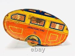 1940's MARX LONESOME PINE TRAVEL TRAILER CAMPER VINTAGE TIN TOY PULL BEHIND