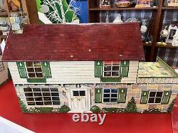 1950s Marx Dollhouse Tin Metal Litho Colonial Doll House 2 Story Furniture Vtg