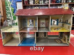 1950s Marx Dollhouse Tin Metal Litho Colonial Doll House 2 Story Furniture Vtg