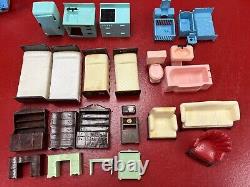 1950s Marx Dollhouse Tin Metal Litho Colonial Doll House 2 Story Furniture Vtg