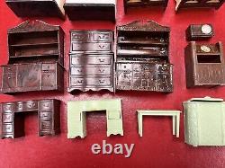 1950s Marx Dollhouse Tin Metal Litho Colonial Doll House 2 Story Furniture Vtg