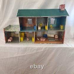 1950s Vintage MARX Tin/Metal Litho Two Story Colonial Doll House w Furniture MCM