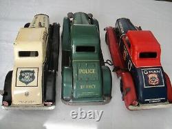 3 Vintage 1930s Louis Marx Tin Litho Wind-up Police Vehicles Heavy 15