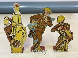 9 1920 Vtg MARX WWI MACHINE GUN UNIT PRIVATE Doughboy Tin Toy Soldier Figure Lot