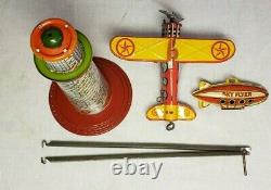Awesome Old Louis Marx Vintage Sky Flyer Wind Up Tin Airplane Plane Blimp Toy