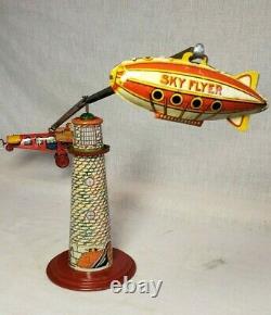 Awesome Old Louis Marx Vintage Sky Flyer Wind Up Tin Airplane Plane Blimp Toy