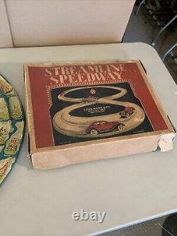 COMPLETE Vintage Antique Louis Marx Tin Litho Streamline Speedway Race Car Track