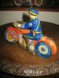 EARLY MARX POLICE MOTORCYCLE 1930's WIND UP U. S. A TINPLATE VINTAGE TIN LITHO TOY