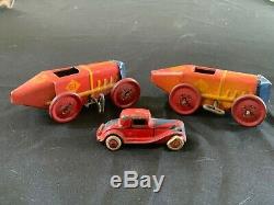 Lot Of 2 Old Tin Marx #61 Race Cars, And Small Vintage Red Car