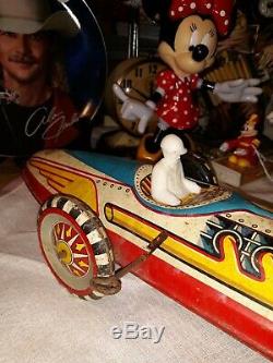 Louis Marx Rare Vintage 16 Tin Litho Wind up Indy Race Car With Key And Driver