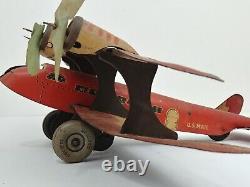 Louis Marx Vintage Tin Litho Wind-Up Airplane TWA US Mail Carrier Red Biplane
