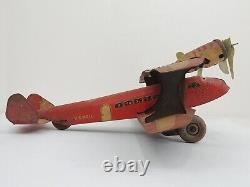 Louis Marx Vintage Tin Litho Wind-Up Airplane TWA US Mail Carrier Red Biplane