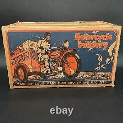 MARX TIN LITHO WIND UP SPEED BOY 4 MOTORCYCLE DELIVERY WithORG BOX VINTAGE 30s-40s