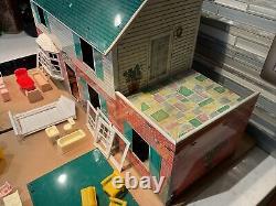 MARX Tin Litho Two Story Colonial Doll House 1960s w Furniture