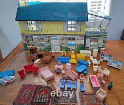 MARX Tin Litho Two Story Colonial Doll House 1960s w Lot of Plastic Furniture