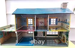 MARX Tin Litho Two Story Colonial Doll House 1960s w Lot of Plastic Furniture