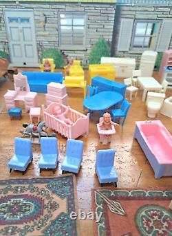 MARX Tin Litho Two Story Colonial Doll House 1960s w Lot of Plastic Furniture