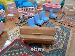 MARX Tin Litho Two Story Colonial Doll House 1960s w Lot of Plastic Furniture