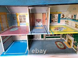 MARX Tin Litho Two Story Colonial Doll House 1960s w Lot of Plastic Furniture