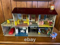 Marx 1950's Walt Disney Tin Litho 2 Story Doll House Furniture, Family & Car