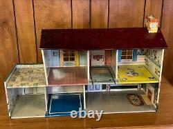 Marx 1950's Walt Disney Tin Litho 2 Story Doll House Furniture, Family & Car