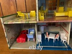 Marx 1950's Walt Disney Tin Litho 2 Story Doll House Furniture, Family & Car