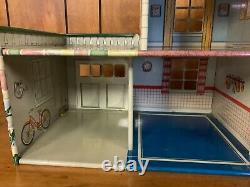 Marx 1950's Walt Disney Tin Litho 2 Story Doll House Furniture, Family & Car