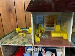 Marx 1950's Walt Disney Tin Litho 2 Story Doll House Furniture, Family & Car