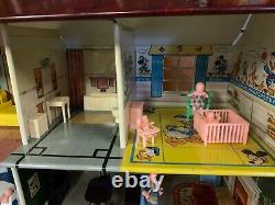 Marx 1950's Walt Disney Tin Litho 2 Story Doll House Furniture, Family & Car