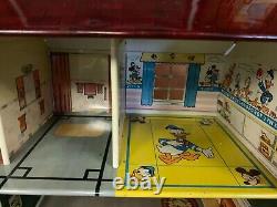 Marx 1950's Walt Disney Tin Litho 2 Story Doll House Furniture, Family & Car