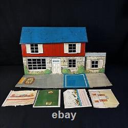 Marx Metal Vintage Doll House Tin Litho Two Story Colonial 1950s 10pcs