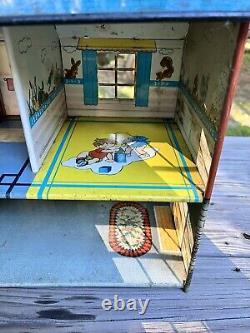 Marx Metal Vintage Doll House Tin Litho Two Story Colonial With Dormer 1950s