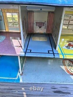 Marx Metal Vintage Doll House Tin Litho Two Story Colonial With Dormer 1950s