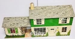 Marx Tin Toy Dollhouse Vintage 1940-1950s two story with Furniture Green Great