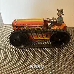 Old Vintage Marx Wind Up Tin Litho Toy Tractor- Beautiful Condition And Works