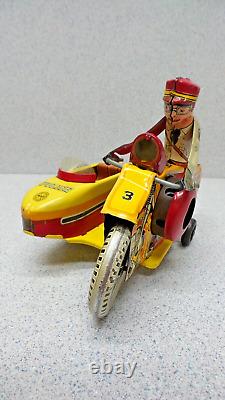 Original Vintage Marx Wind Up Tin Litho Motorcycle Side Car Policeman