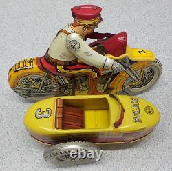 Original Vintage Marx Wind Up Tin Litho Motorcycle Side Car Policeman