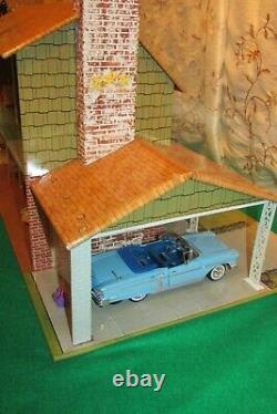 RARE 50's Tin MARX 2-Story DOLL HOUSE Carport Utility Rm Dollhouse Furniture Car
