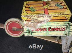 Rare Vtg 1930's Marx Popeye Express Litho Tin Windup Toy Cart w Parrot