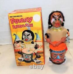 Rare Vtg. 1950's Marx Mechanical Funny Indian Drummer Windup Tin Toy Works Nmib