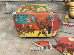 Rare Vtg 50s TPS SAMSON STRONG MAN Japan Tin Wind Up Mechanical Toy with Orig Box