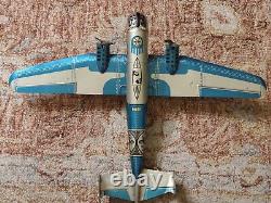 Scarce Vintage 1950 Marx Litho Tin Windup Toy U. S. A. F Army Blue Bomber Airplane