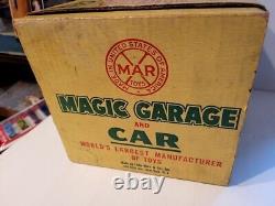 VERY NICE VINTAGE 1950S MARX TIN LITHO MAGIC GARAGE with WIND UP CAR with BOX