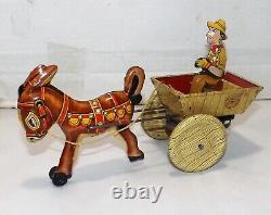 VINTAGE 1930'S-40'S MARX BALKY MULE WithCART & FARMER WINDUP TIN TOY & BOX