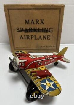 VINTAGE 1930's MARX US Army TIN WIND UP SPARKLING AIRPLANE Toy Antique Military