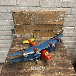 VINTAGE MARX TIN LITHO WIND UP US MAIl 4-ENGINE BI-PLANE AIRPLANE + ORIGINAL BOX