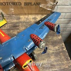 VINTAGE MARX TIN LITHO WIND UP US MAIl 4-ENGINE BI-PLANE AIRPLANE + ORIGINAL BOX