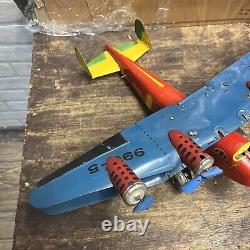 VINTAGE MARX TIN LITHO WIND UP US MAIl 4-ENGINE BI-PLANE AIRPLANE + ORIGINAL BOX