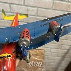 VINTAGE MARX TIN LITHO WIND UP US MAIl 4-ENGINE BI-PLANE AIRPLANE + ORIGINAL BOX